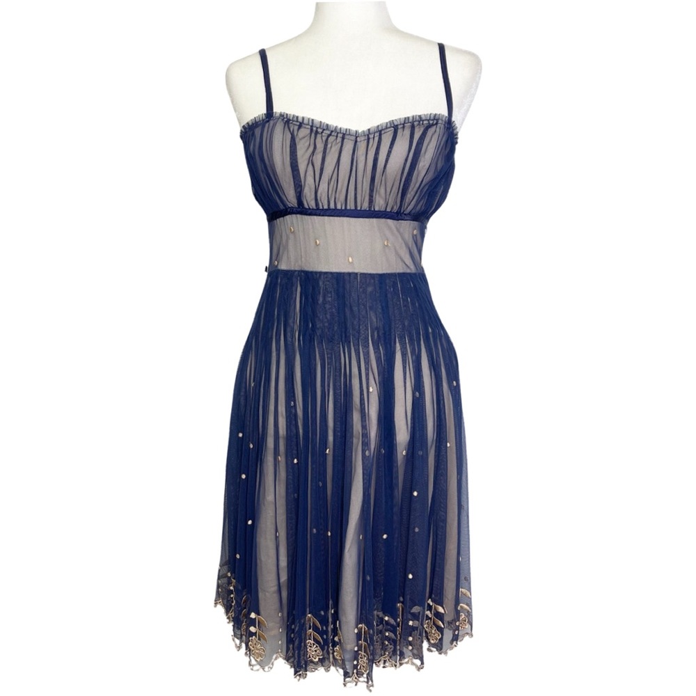 Odille Anthropologie Tulle Silk Dress Embroidered Prelude Floral Midnight Blue